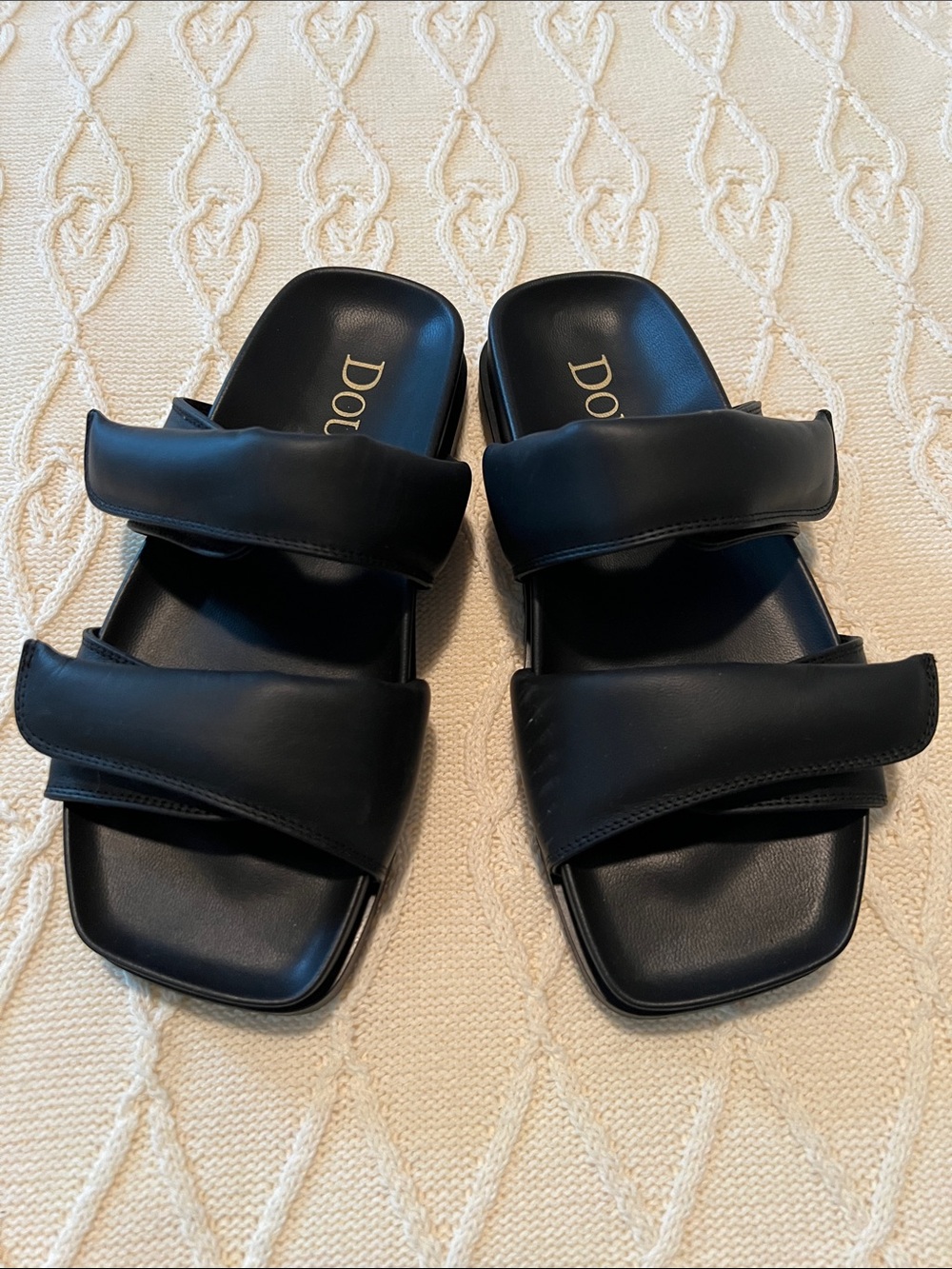 Black Padded Double-Strap Slide Sandals by Doucal’s size 6